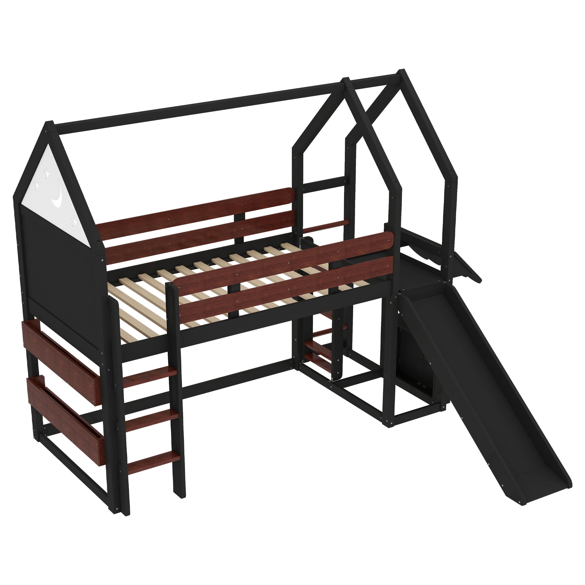 Yoneston Twin House Shaped Loft Bed with Slide & Bookshelf, Starry Moon Platform House Bed with Stairs, Roof & Guardrails for Kids Teens Bedroom, Beige