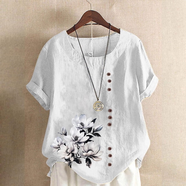 Lydiaunistar Women's Spring Tops Plus Size Casual Linen Round Neck Short Sleeve Printed Button Blouse Shirt Lightweight Comfy for Work Vacation White