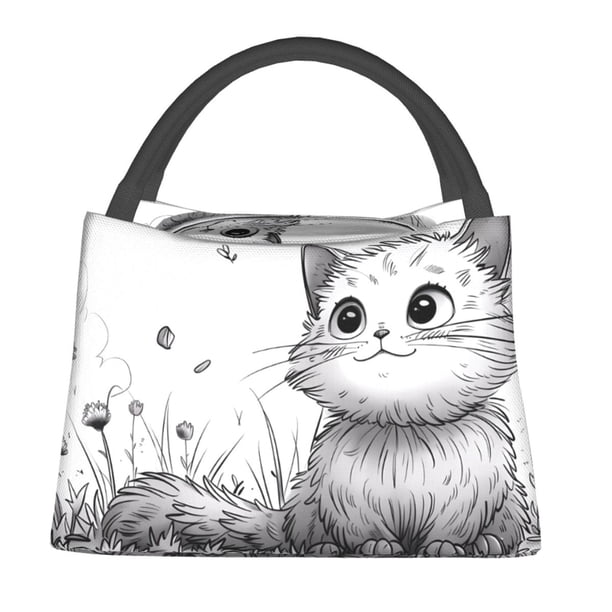 Fotbe Cute Cat Meadow Sketch Bolsa Térmica Portátil con Estampado, Bolsa de Entrega de Alimentos Aislada, Bolsa Reutilizable de Gran Capacidad para Comidas y Supermercado