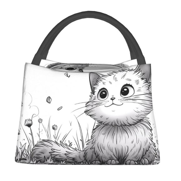 Fotbe Cute Cat Meadow Sketch Bolsa Térmica Portátil con Estampado, Bolsa de Entrega de Alimentos Aislada, Bolsa Reutilizable de Gran Capacidad para Comidas y Supermercado
