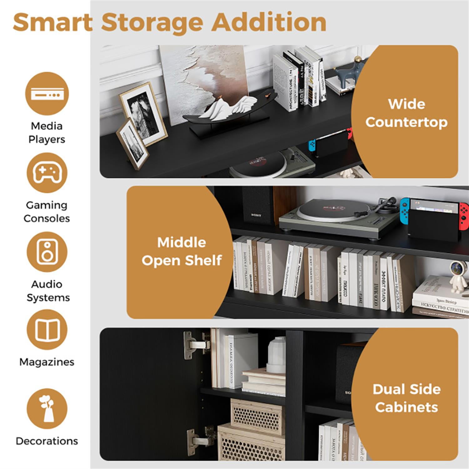 Demi Bonn TV Stand for 80" TVs, Entertainment Center with 3 Adjustable Shelves, Modern Media TV Console Table for Living Room Bedroom, Black