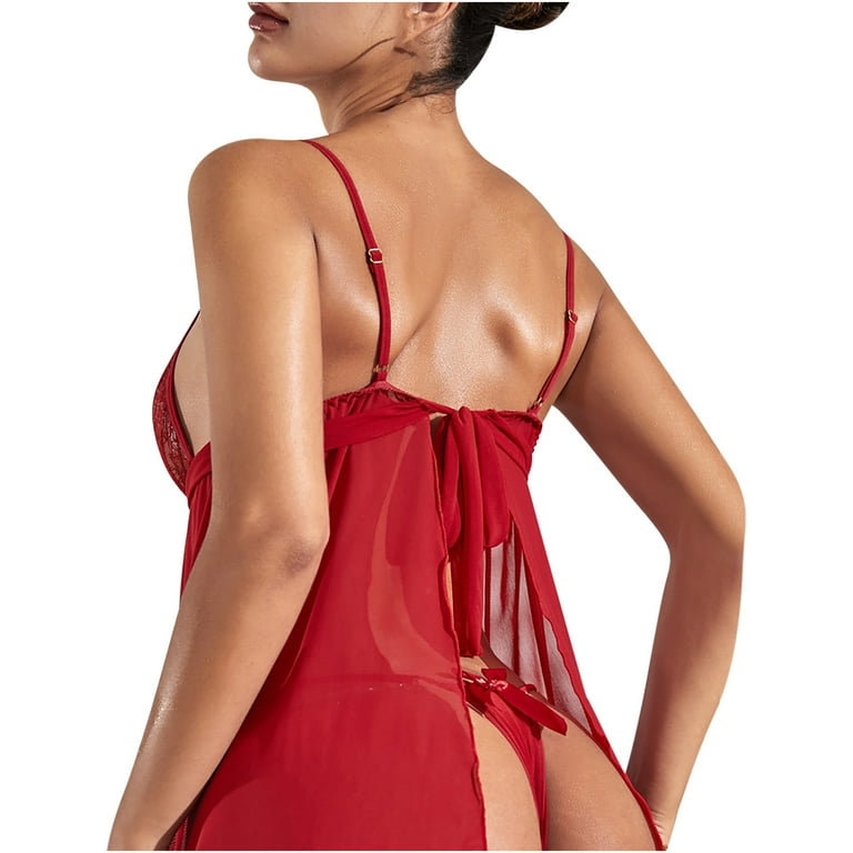 Taqqpue Women s Red Sexy Lingerie Sheer Mesh Temptation Suspender Nightdress Sexy Lace Pajamas Sleepwear Sexy Underwear Teddy Babydoll Bodysuit Girls Lingerie for Women Walmart