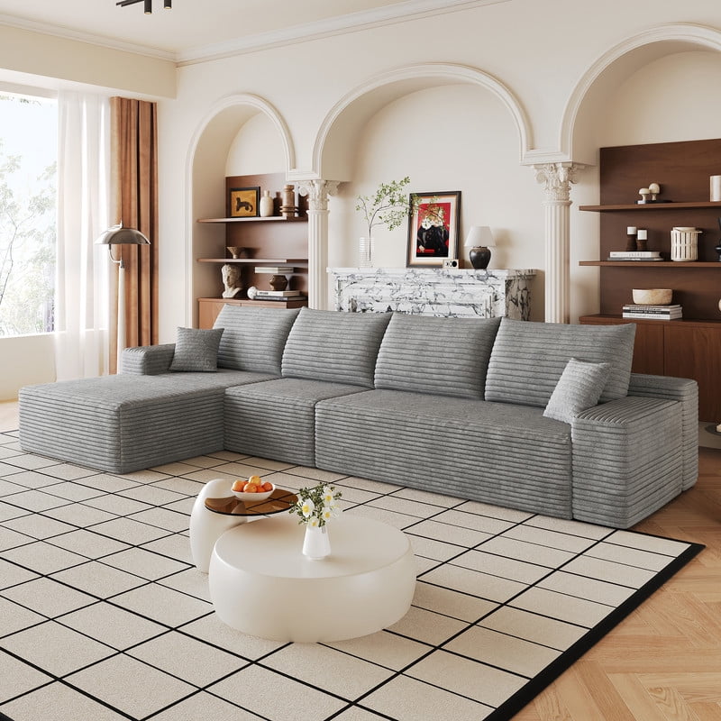 135" Cloud Sectional Sofa with Left Facing Chaise, Modern Modular Deep Seat Couch, Plush Corduroy Upholstered Sofa for Living Room, Bedroom, Apartment, No Assembly Required