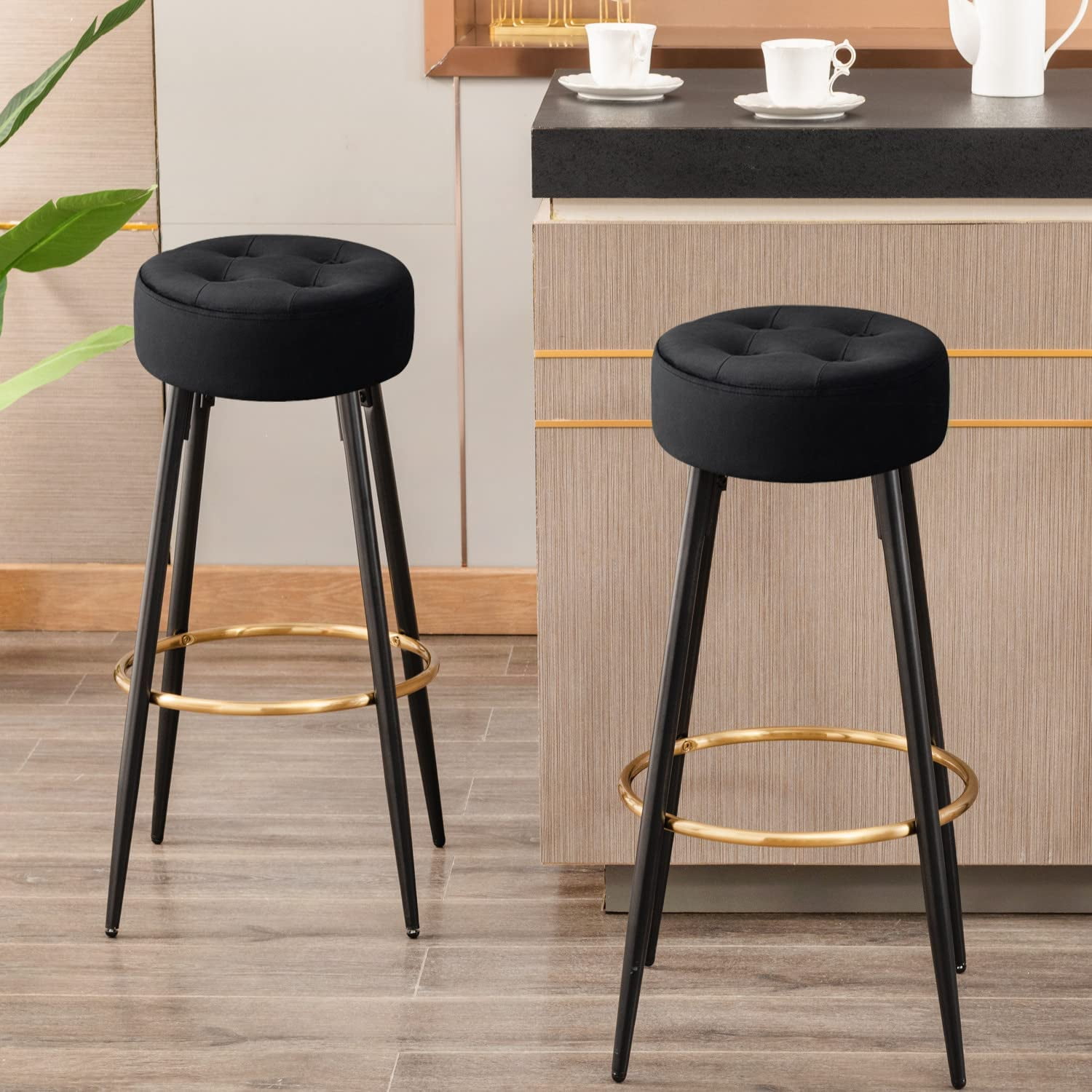 30"Round Black Velvet Bar Stools Upholstered Kitchen Counter Height