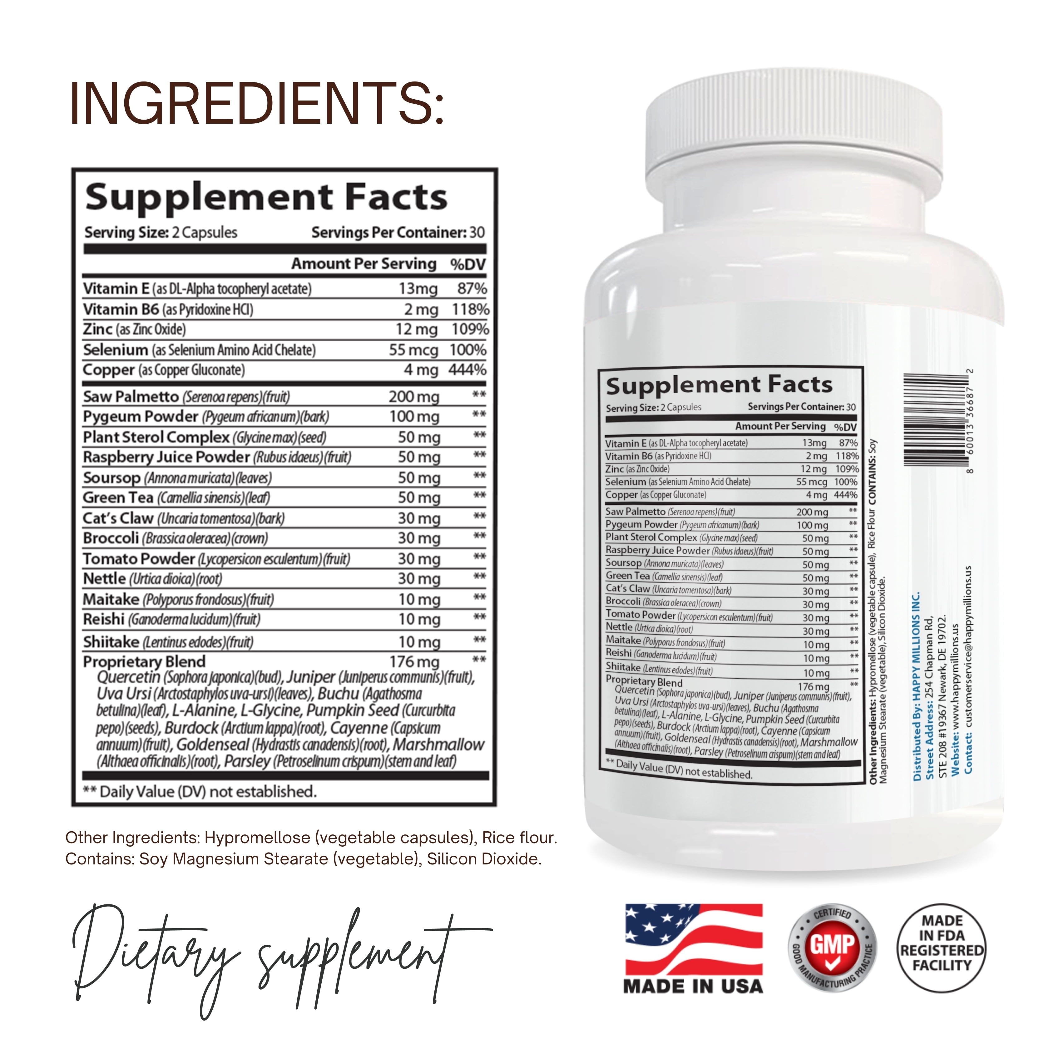Happy Millions Prostate Support saw palmetto for men nettle pygeum sterol prostate health urination flow Dietary Supplements 857mg, 60 Capsules (Non-GMO), Gluten-Free
