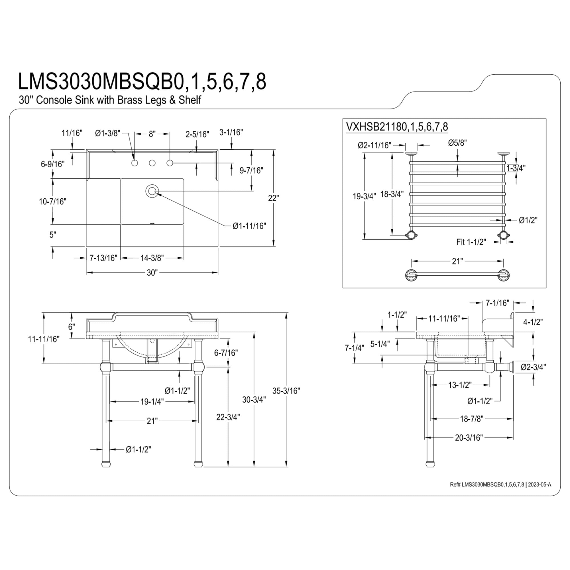 Kingston Brass LMS3030MBSQB0 Pemberton 30 in. Console Sink with Brass Legs - 8 in., 3 Hole - Marble White & Matte Black