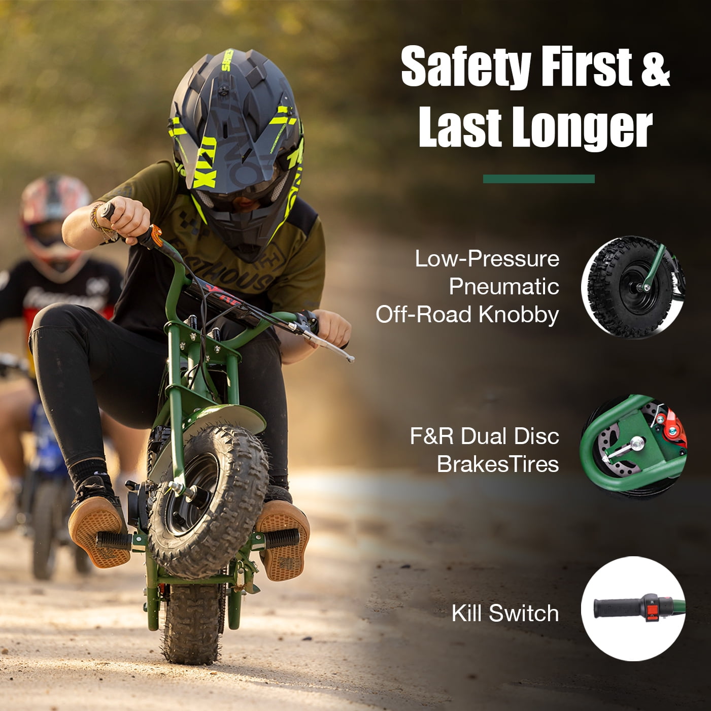 FRP 50cc Gas Dirt Bike - Green Mini Motorcycles for Young Riders, Gas Powered Mini Bike with Safety Kill Switch, Tubeless Tires, Easy Pull Start, and EPA Approved (Green)