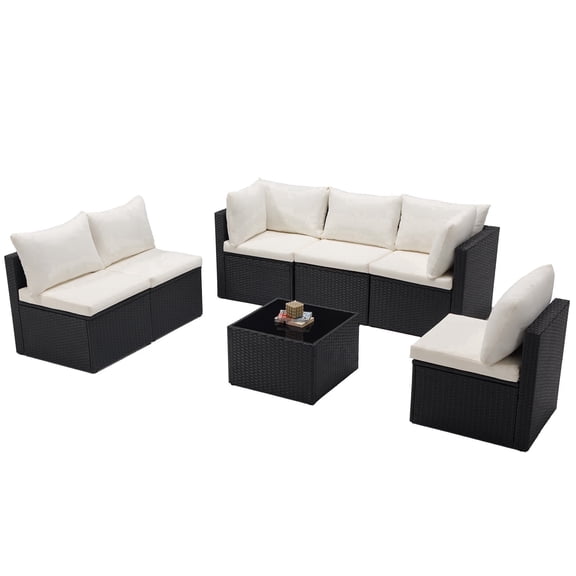 7 Piece Outdoor Patio Furniture Set, Wicker Bistro Chairs with Glass Top Table for Apartment Balcony, Small Backyard, Porch and Deck, Black