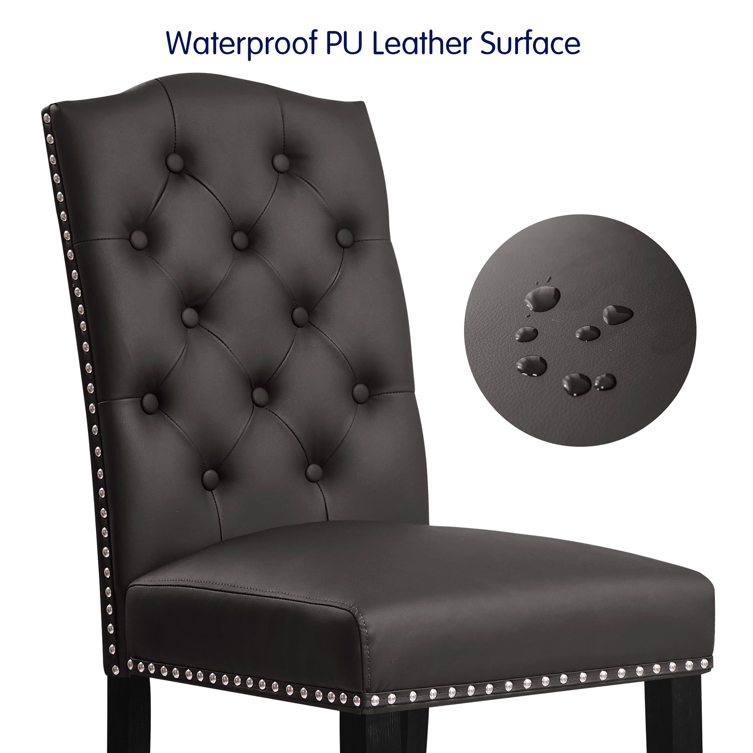 Subrtex Upholstered Dining Chairs Set of 2, PU Leather Dining Chair with Nail heads Trim, Button Padded Chairs Set for Kitchen Dining Room, Gray