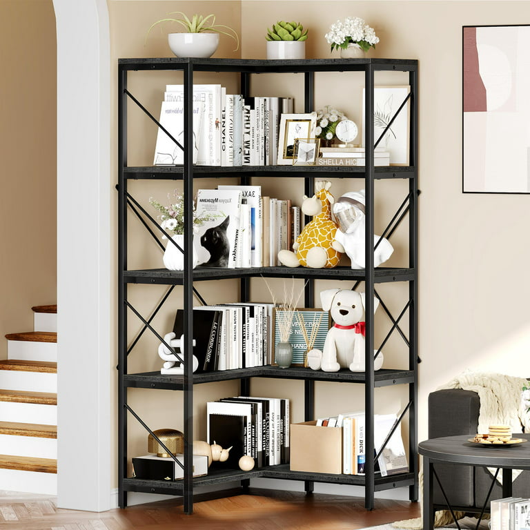 5-Tier L-Shaped Bookcase Storage Organizer, Tall Corner Bookshelf Open  Display Freestanding Storage,Dark Gray 