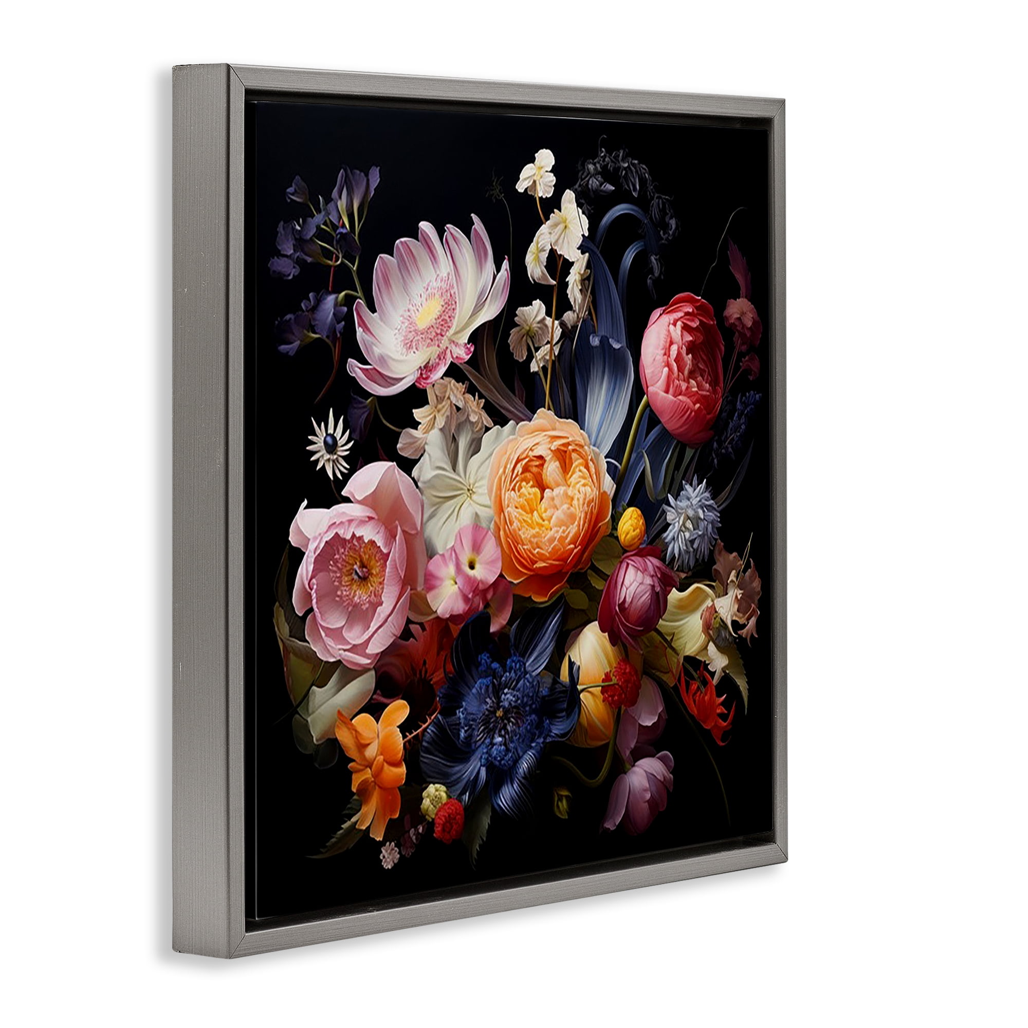 Stupell Industries Vintage Dark Bouquet Plants & Flowers Painting Gray Floater Framed Canvas Art Print Wall Art, 18 x 18