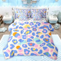 jejeloiu Colorful Leopard Pattern 7-Piece Bedding Comforter Set,Wild Cheetah Animal King Bedding Sets,Blue Pink Orange Bed Sheets For Girl Kids,Luxury Bedroom Decor Reversible