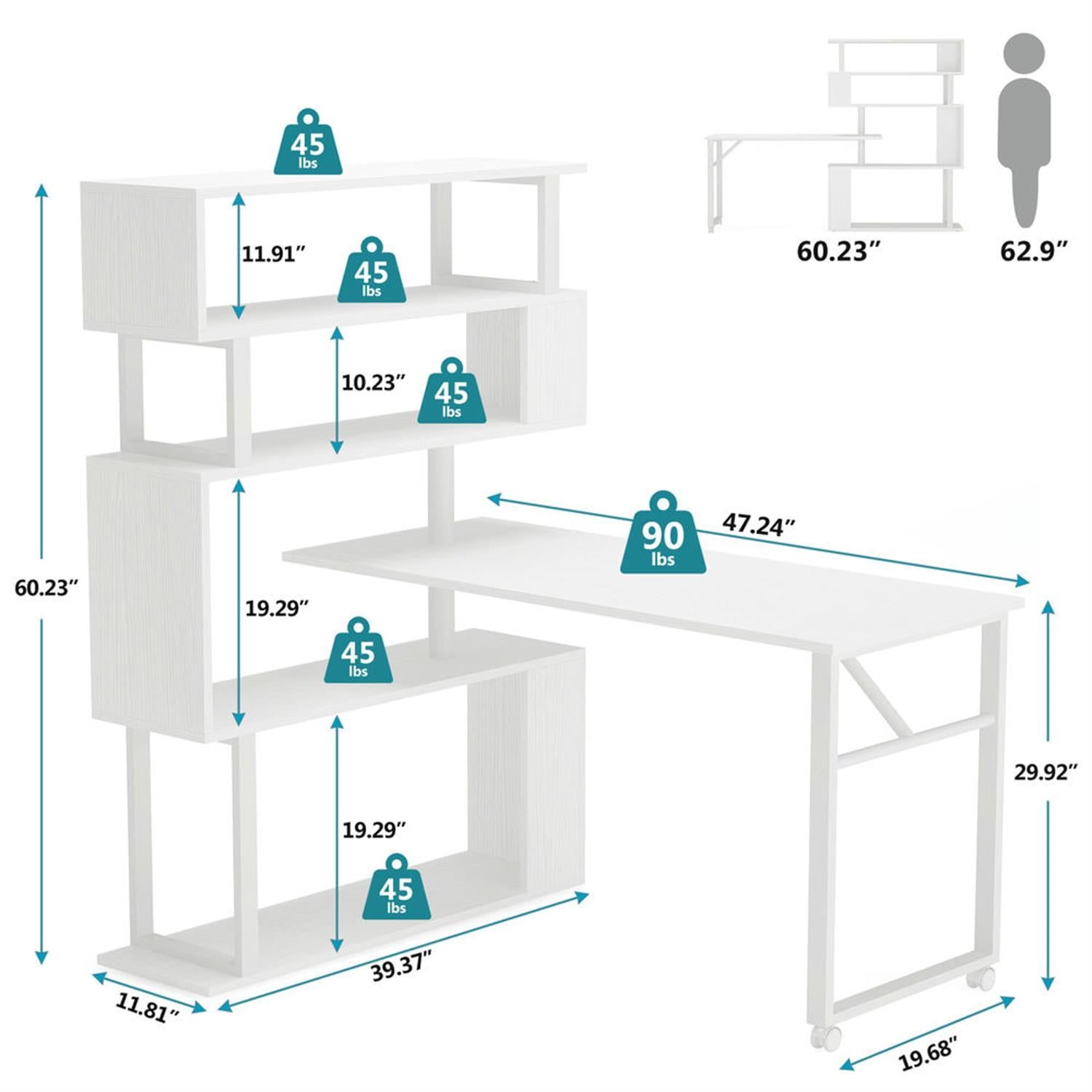 Demi Bonn 47" Rotating Computer Desk with 5-Tier Bookshelf and Wheels, Modern Reversible Study Writing Gaming Table for Home Office, White