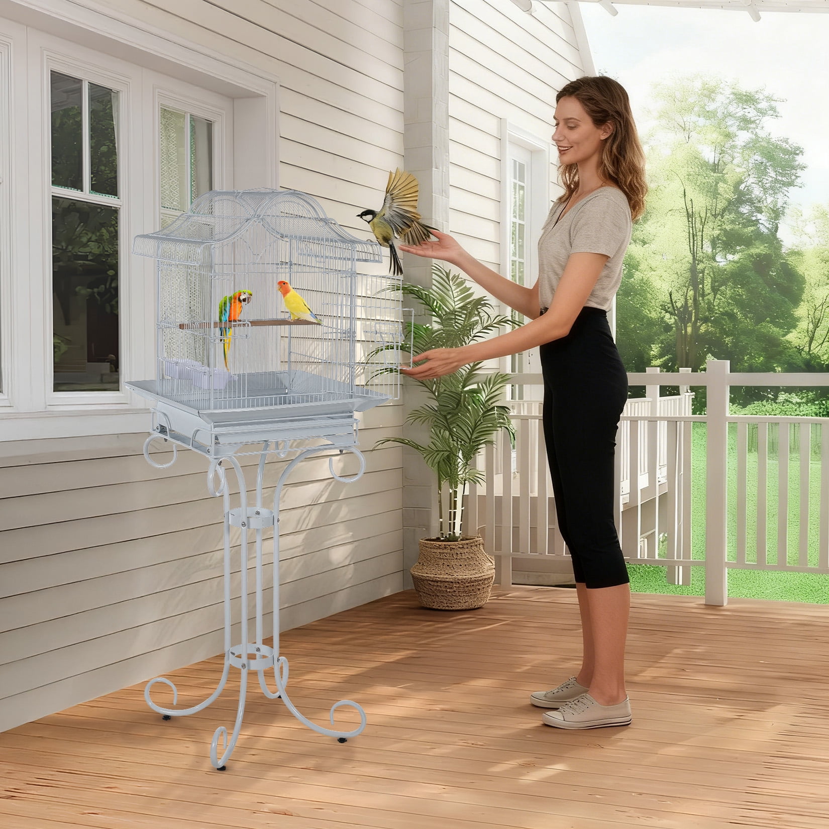 Heavy-Duty Wrought Iron Bird Cage - Victorian Style Aviary with Stand for Small Birds