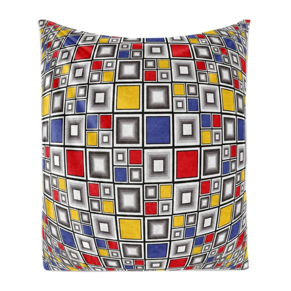 Geometric Soft Flannel Fleece Throw Blanket, Geometric Theme Abstract Art Style Modern Colorful Mosaic of Squares Pattern, Cozy Plush for Indoor and Outdoor Use, 50" x 70", Multicolor, by Ambesonne