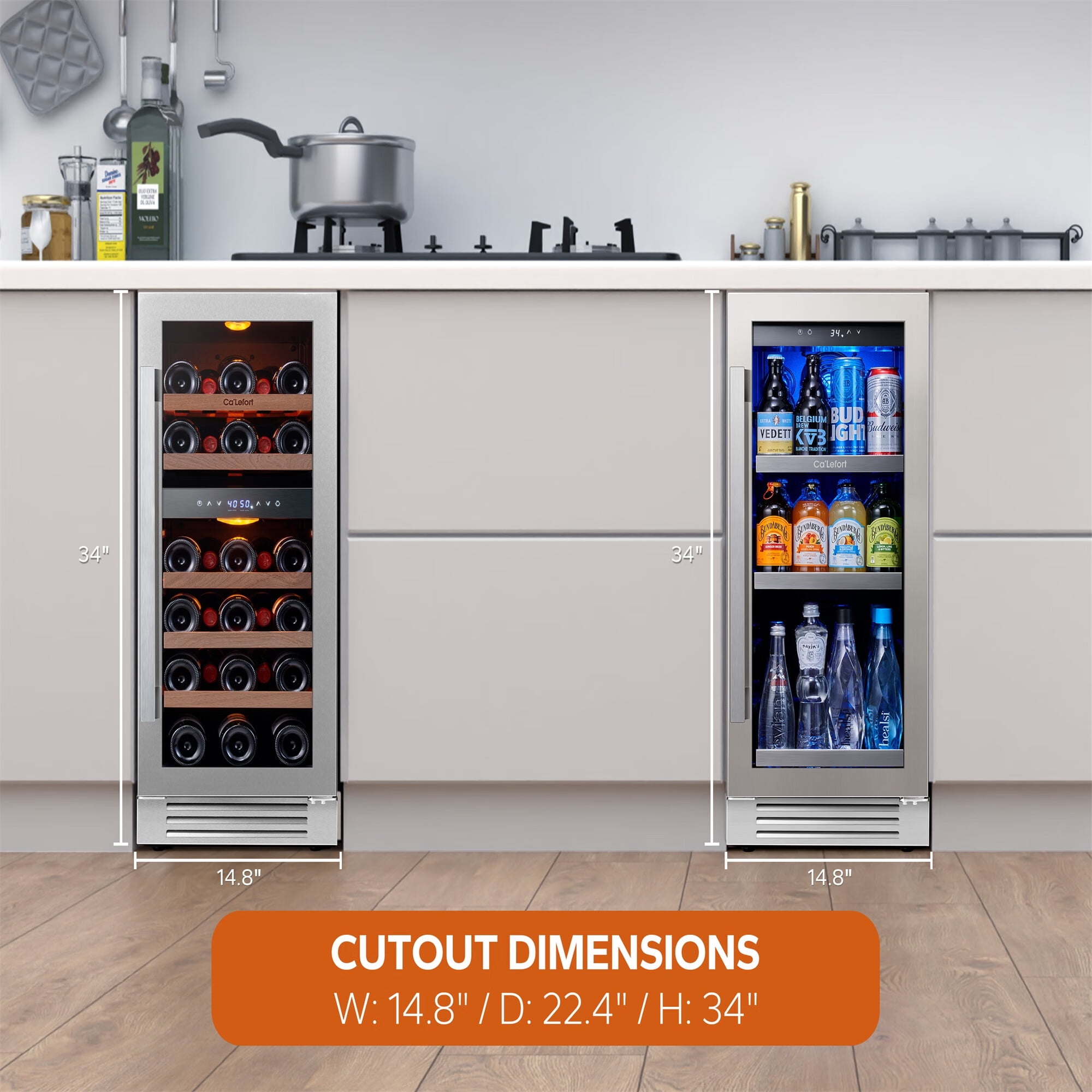 Ca'Lefort 30 Inch Wine Cooler Beverage Refrigerator, Hold 100 Cans and 28 Bottles Dual Zone Wine Fridge Freestanding & Built-in with Stainless Steel Frame for Kitchen Office