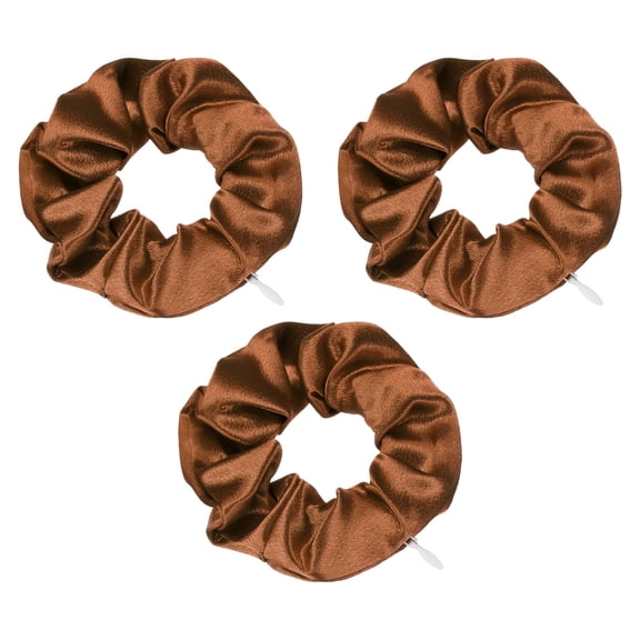 Uxcell 3pcs Scrunchies with Pocket Zipper (2 Inch) - Silk Satin Scrunchie Hair Ties & Elastic Hair Bands, for Girls Women Ponytail Accessories Holder Coins Keys, Brown