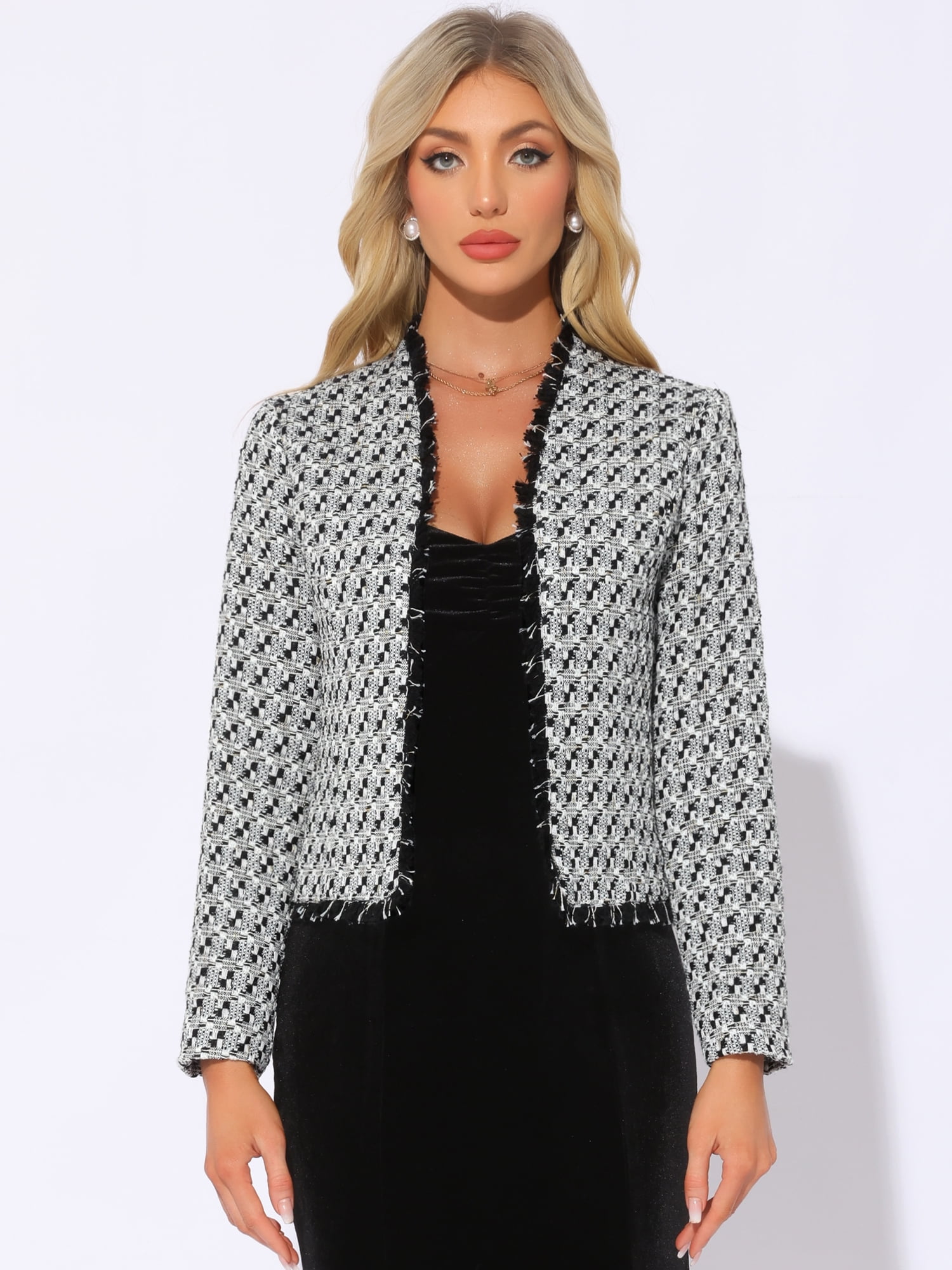 DARING DIVA Women's Plaid Tweed Long Sleeve Open Front Work Office Jacket L Black