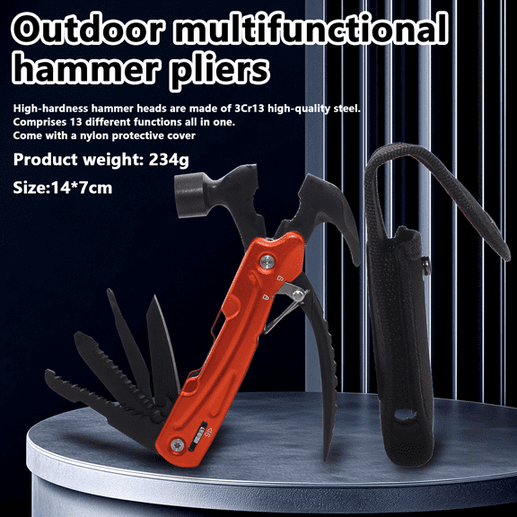 Arcticwind 12-in-1 Multi-Function Survival Hammer – Stainless Steel Claw Hammer, Outdoor Camping Tool w/ Tent Peg Puller, Car Emergency Window Breaker, DIY Compact Tactical Gear for Hiking, Orange