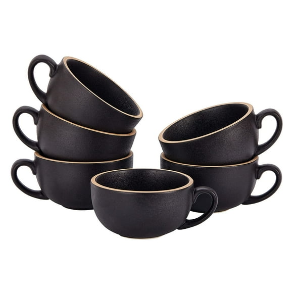 Coffeezone Set of 6 Cups Vintage Design 12 oz Professional Barista Ceramic Latte Art Cappuccino Cups Set (Rough Black * 6)