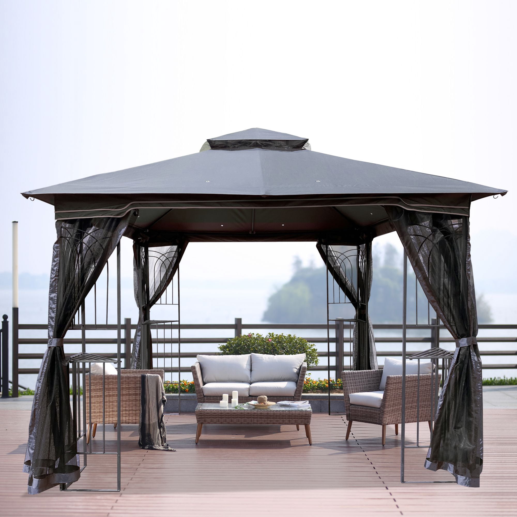 10' x 10' Outdoor Canopy Gazebo With Ventilated Double Roof And Mosquito net,Gray