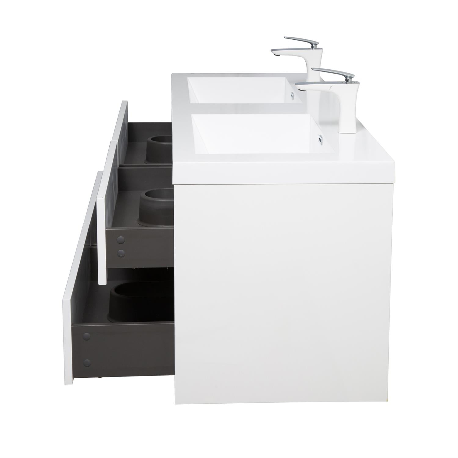 Demi Bonn 59" Wall-Mounted Bathroom Vanity with Sink, Stone Resin Countertop and 4 Soft Close Drawers, Faucets and Drains Not Included, White