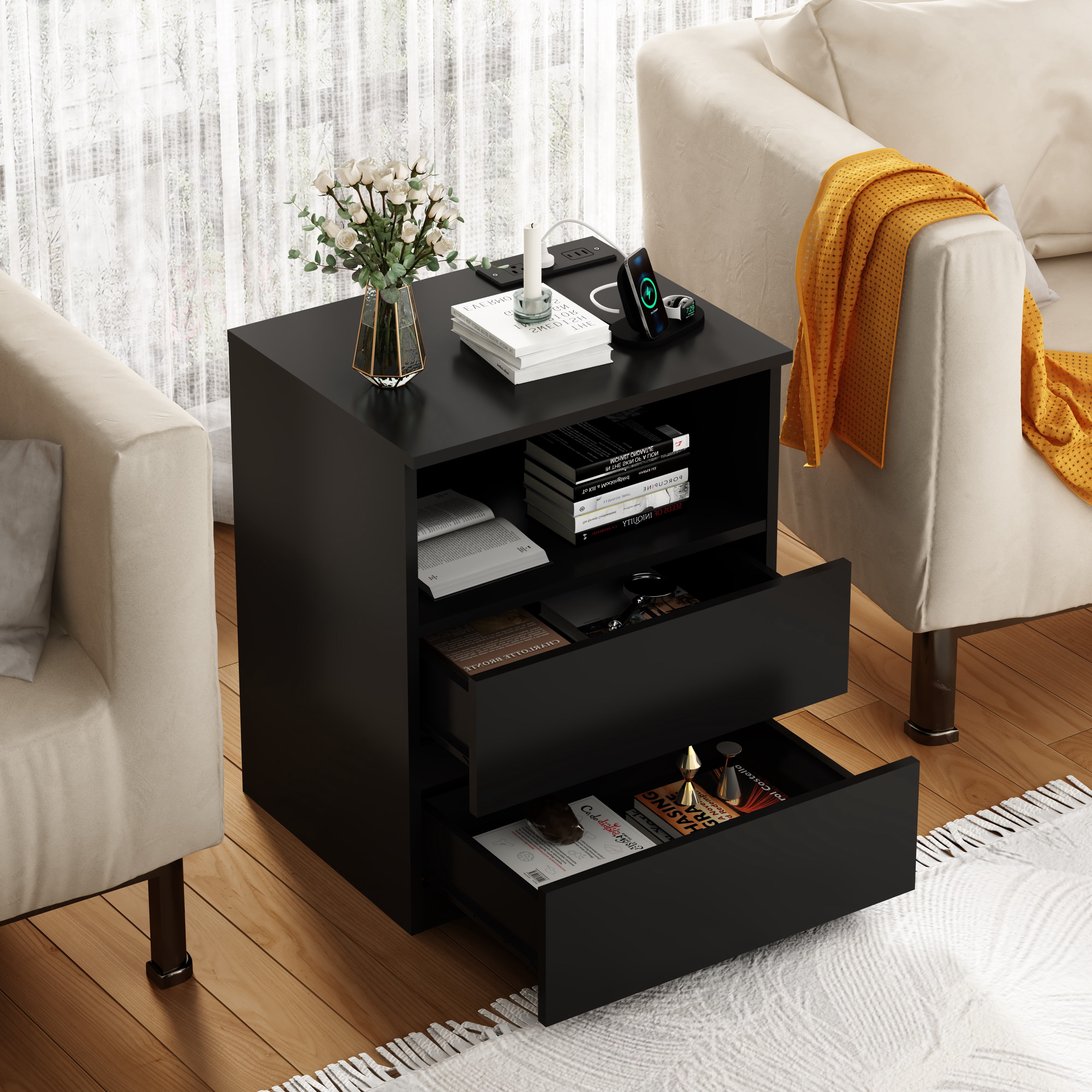 Mintazer Nightstand Set of 2, Bedside End Table with Charging Station, 2 Drawers & Open Storage Compartment, Particle Board Side Table for Bedroom Living Room, Black