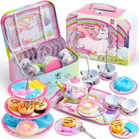 Joyfy 35 Pcs Unicorn Tea Set for Little Girls, Princess Tea Time Toy  Including Sweet Bun, Candy, Teapot Tray Cake, Carrying Case,Kids Kitchen Pretend Play,Christmas Birthday Gift for Girls Age 3-6
