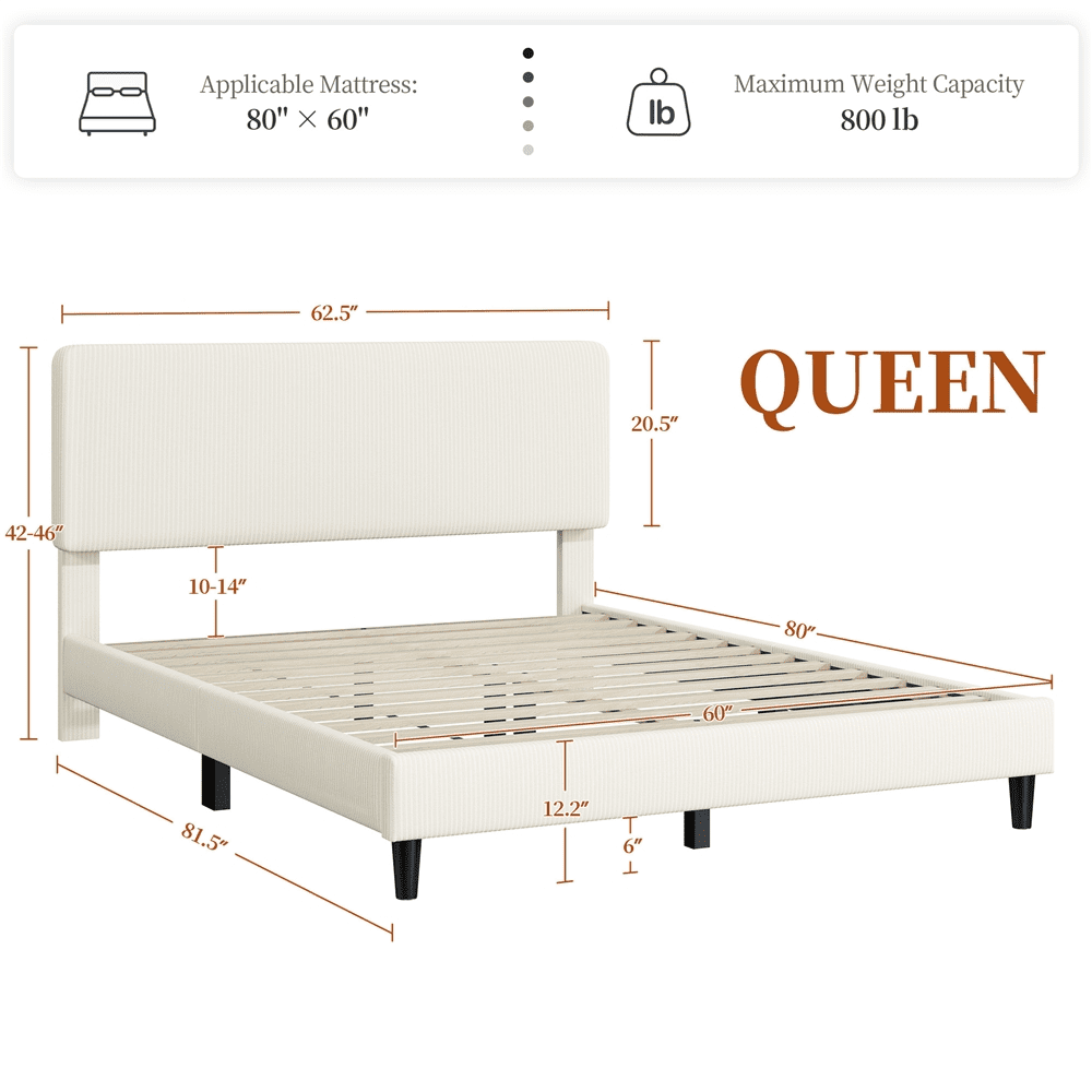 Renwick Upholstered Platform Bed with Adjustable Headboard, Queen, Beige