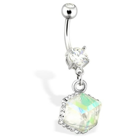 Encased Gems - Cube Prism Gem Encased By Paved Gems Dangle Surgical Steel Navel Ring