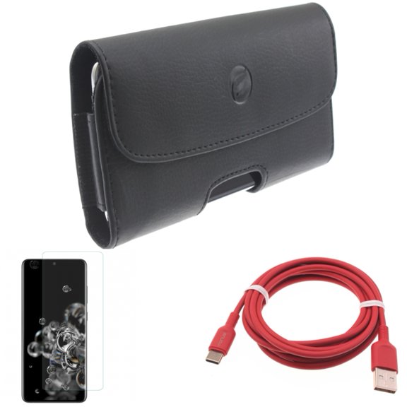 6ft USB-C Cable w Screen Protector w Case Belt Clip for Samsung Galaxy S20 Ultra - Red Charger Cord Power, Tempered Glass [Fingerprint Unlock] 3D Curved Edge, Leather Holster fits Galaxy S20 Ultra