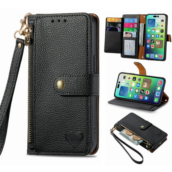 Feishell for Samsung Galaxy S23 Plus Case,RFID Blocking Wallet Case for Women Men,Premium PU Leather Credit Card Holder Zipper Pocket Magnetic Buckle Flip Kickstand Phone Case with Wrist Strap,Black