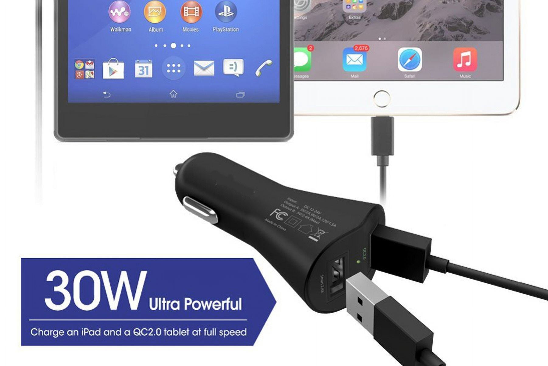 Type-C Retractable USB Cable w 2-Port USB 30W Fast Car Charger L2X for Acer Liquid Jade Primo - Alcatel PulseMix, 7, Idol 5S 5 4S - ASUS Zenfone V Live, ROG Phone, AR 6 5z 4 Pro