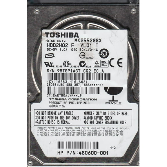 MK2552GSX, B0/LV011C, HDD2H02 F VL01 T, Toshiba 250GB SATA 2.5 Hard Drive