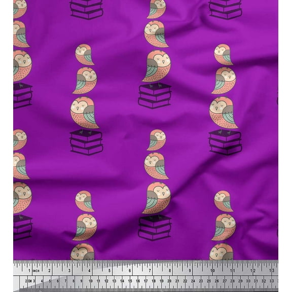 Soimoi Purple Cotton Voile Fabric Books & Owl Cartoon Print Fabric by the Yard 42 Inch Wide