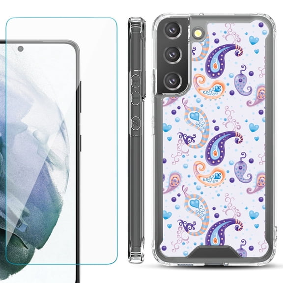 Shockproof Bumper Phone Case for Samsung Galaxy S22 5G, with Tempered Glass Screen Protector, by OneToughShield ® - Paisley Purple
