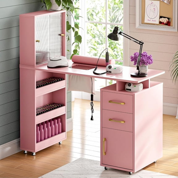 Manicure Table Nail Desk for Nail Tech w/Glass Door Storage Cabinets & Wrist Rest, Beauty Salon Nail Supplies Decor Workstation Acetone Resistant, with Dust Collector (Pink)