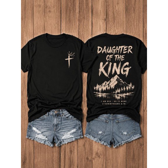 Women's Daughter of the King Christian T-Shirt, Faith Graphic Cross Bible Verse Short Sleeve Crew Neck Casual Summer Tee Gift for Women