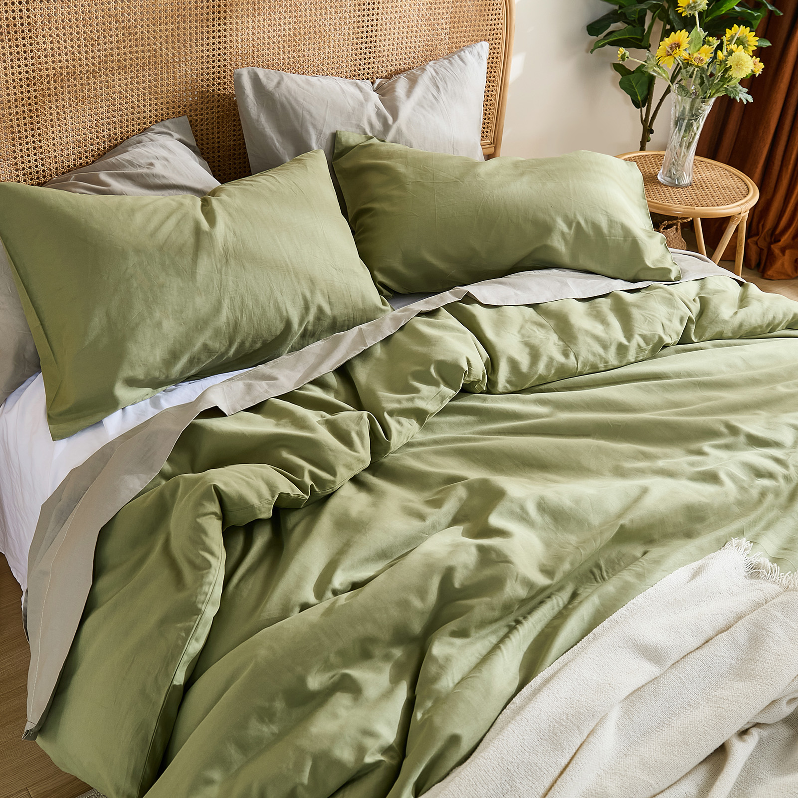 100% Washed Cotton Duvet Cover –Avocado Green, Linen-Like Texture, Super Soft & Breathable Bedding Set, 3-Piece Durable Percale Comforter Cover