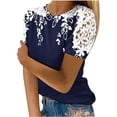 thumbnail image 1 of Camisas de Manga Corta para las Mujeres Impresión Cuello Redondo Suéter Encaje Camisa, Blusa de Verano Casual para las Mujeres, 1 of 4