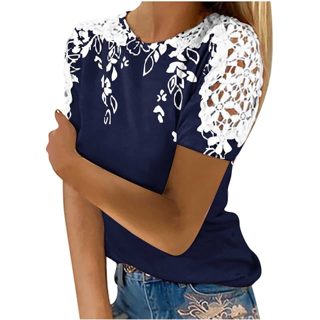 Camisas de Manga Corta para las Mujeres Impresión Cuello Redondo Suéter Encaje Camisa, Blusa de Verano Casual para las Mujeres