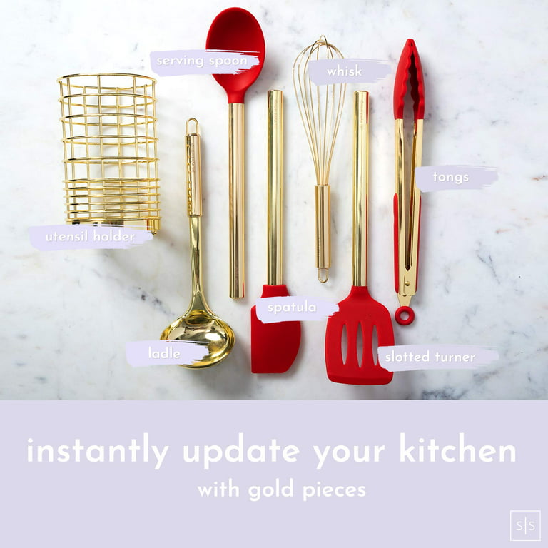 Styled Settings Gold & Pink Kitchen Utensil Set with Holder - Pink Cooking Utensils:Gold Whisk,Gold Ladle,Pink Spatula,Gold Tongs,Pink Spoon,Turner