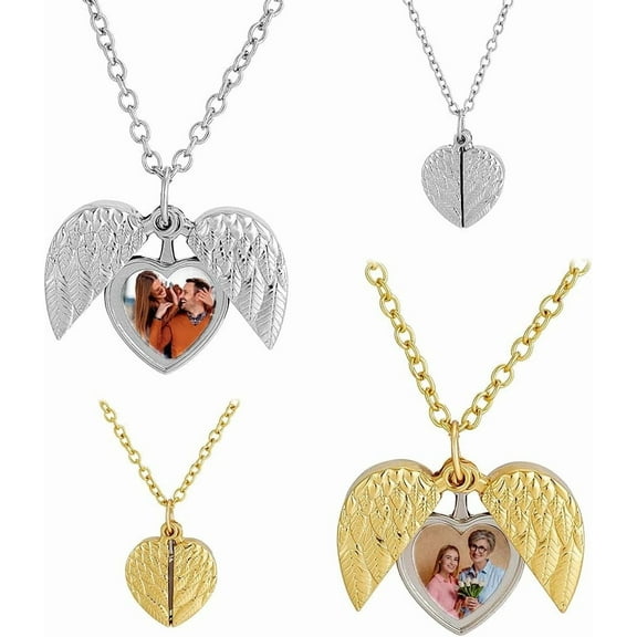 2 Pcs Heart Photo Angel Wings Locket Necklace 2 Colors Mental Angel Wing Lockets Necklace Heart Locket Pendant For Women Mom Girlfriend Jewelry Christmas Anniversary Birthday Gifts for diy