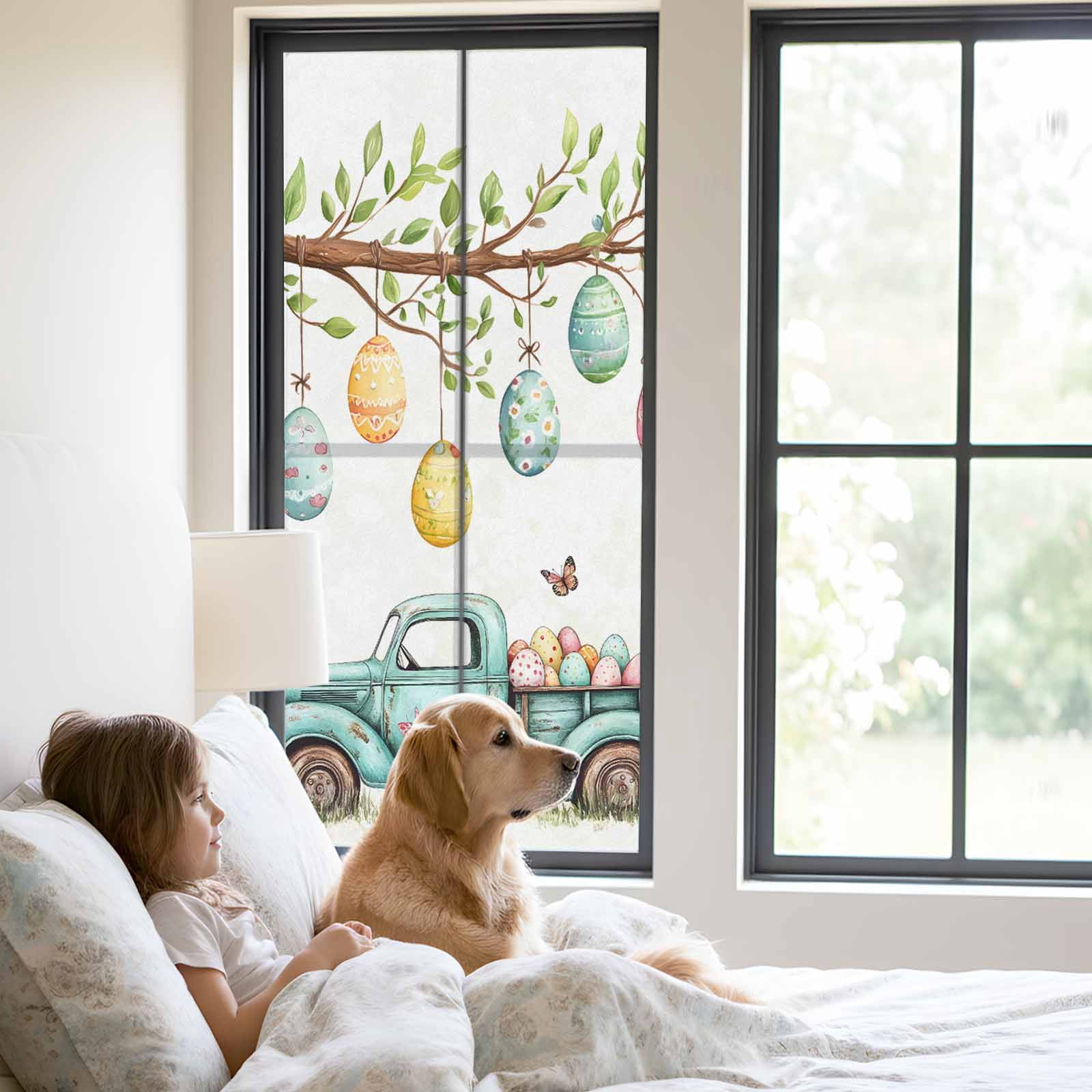 Easter Eggs Window Privacy Film, Truck with Egg Frosted Glass Window Clings Static Cling UV Heat Blocking Reusable Door Sticker for Bathroom 23.6 x 59 Inch