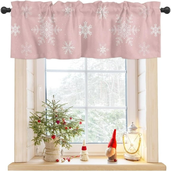 Christmas Kitchen Valances for Windows Christmas Pink Snowflakes 54" W x 18" L Window Valances Rod Pocket Short Curtains for Bathroom, Living Room, Bedroom, Farmhouse, Cafe