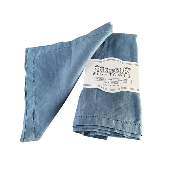 Servilletas de lino con vainica - 20 pulgadas x 20 pulgadas - Servilletas de tela de lino puro lavadas a la piedra con esquinas ingletadas - 100% lino francés - Lavable a máquina - Juego de 4 (azul pa