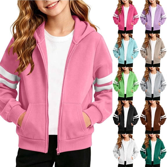Xcmzpl Kids Full Zip Hoodies with Pocket 5-14 Years Long Sleeve Striped Trim Sweat Jackets Lightweight Track Coats for Girl