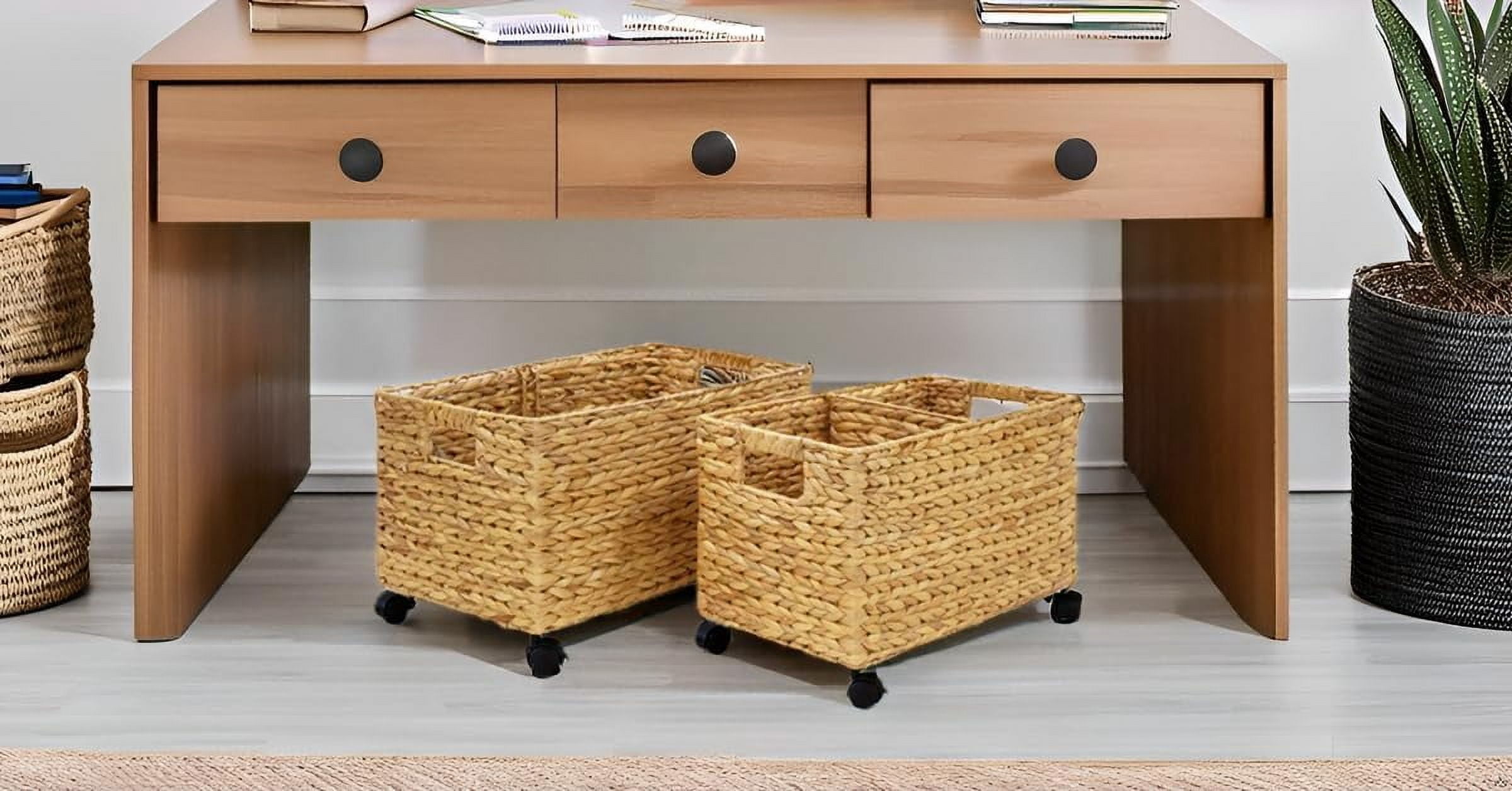 Rolling Wicker Storage Basket Set of 2 – Natural Water Hyacinth & Seagrass Bins on Wheels with Removable Divider & Insert Handles – Nesting Design for Under Desk, Home & Office Organization