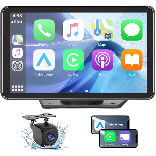 Gegaibe Estéreo inalámbrico para automóvil con Apple CarPlay/Android Auto, reproductor multimedia portátil con pantalla táctil para automóvil con Bluetooth, cámara de respaldo, navegación, enlace de e
