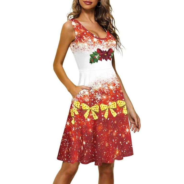 FKELYI Colorful Christmas Lights Sleeveless Dresses Comfy Women Tank Dress  for Beach Casual Midi Length Dress Size S